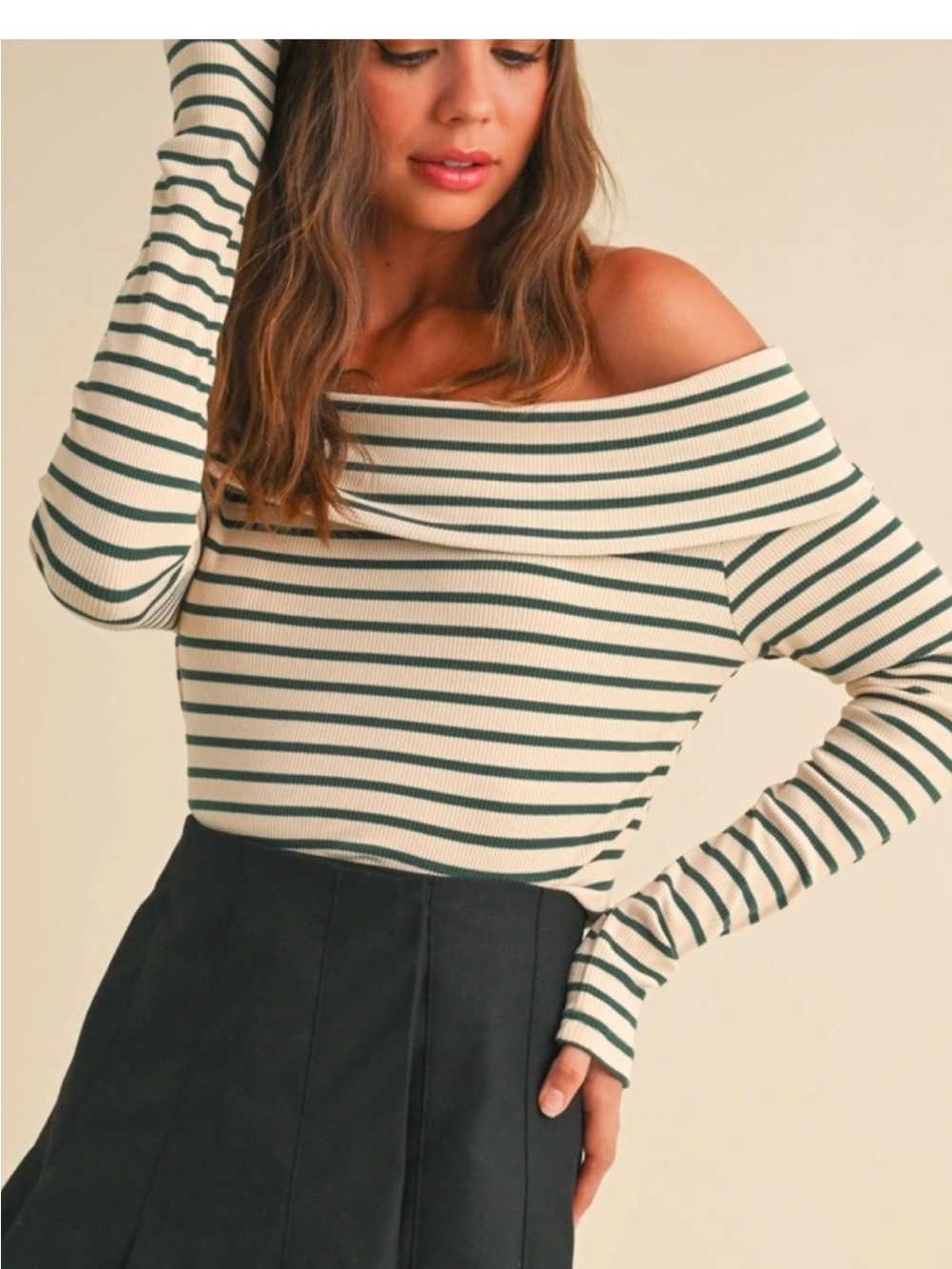 Miou Muse Striped Off-Shoulder Long Sleeve Top in White & Dark Green